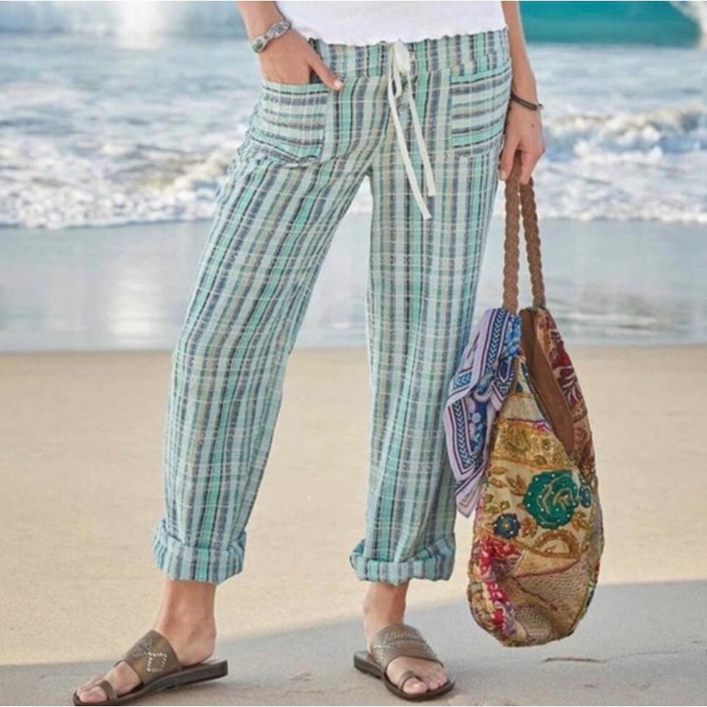 SUNDANCE Gigi Pants Straight Leg Green White Plaid Cotton Bohemian Resort sz XS